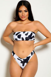 Cow Print Bandeau Three Piece Bikini Coverup Swimsuit Areous